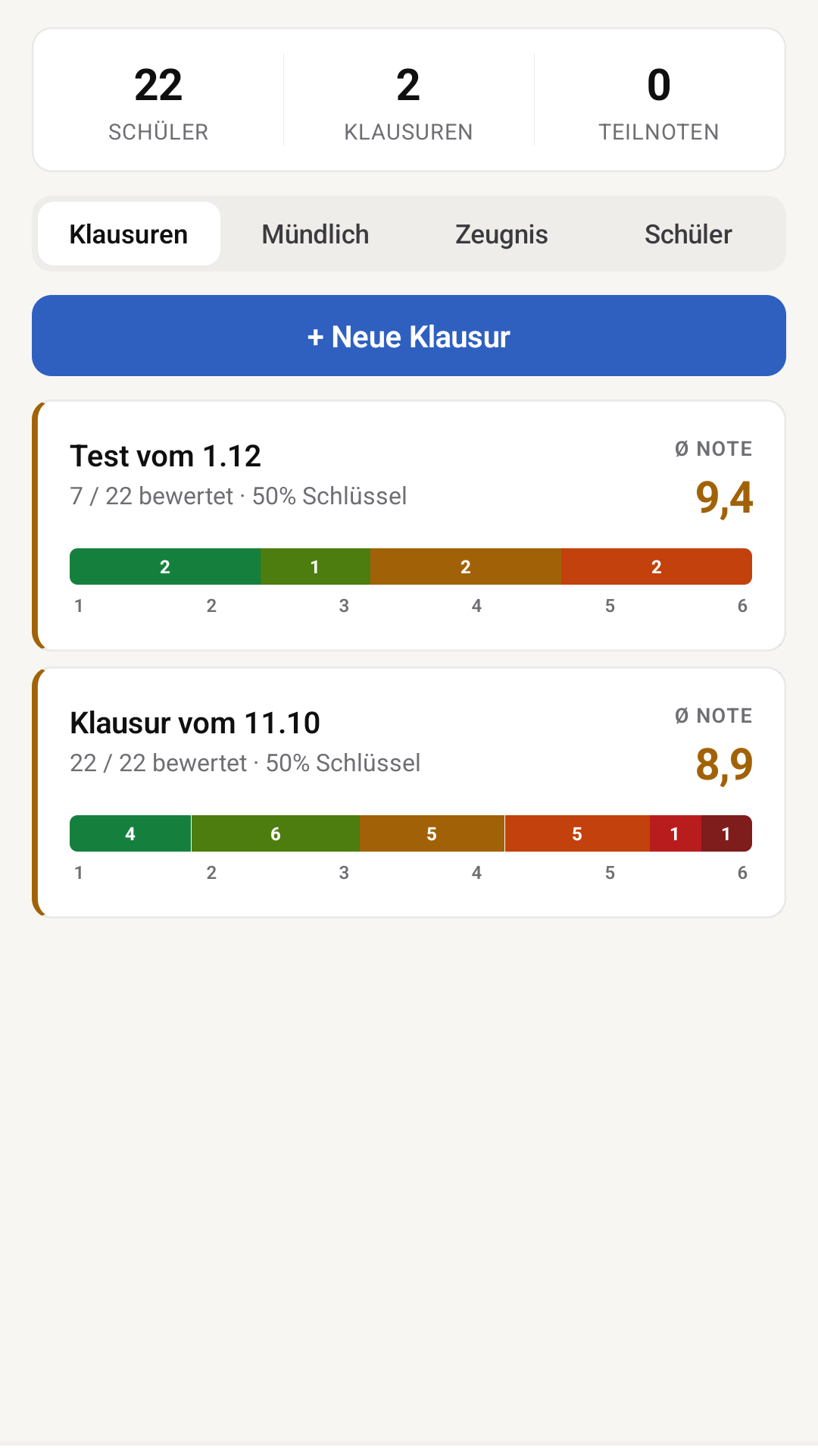Der Notenrechner auf Android — Mathe-Klasse mit Schülerliste und Klausurergebnissen