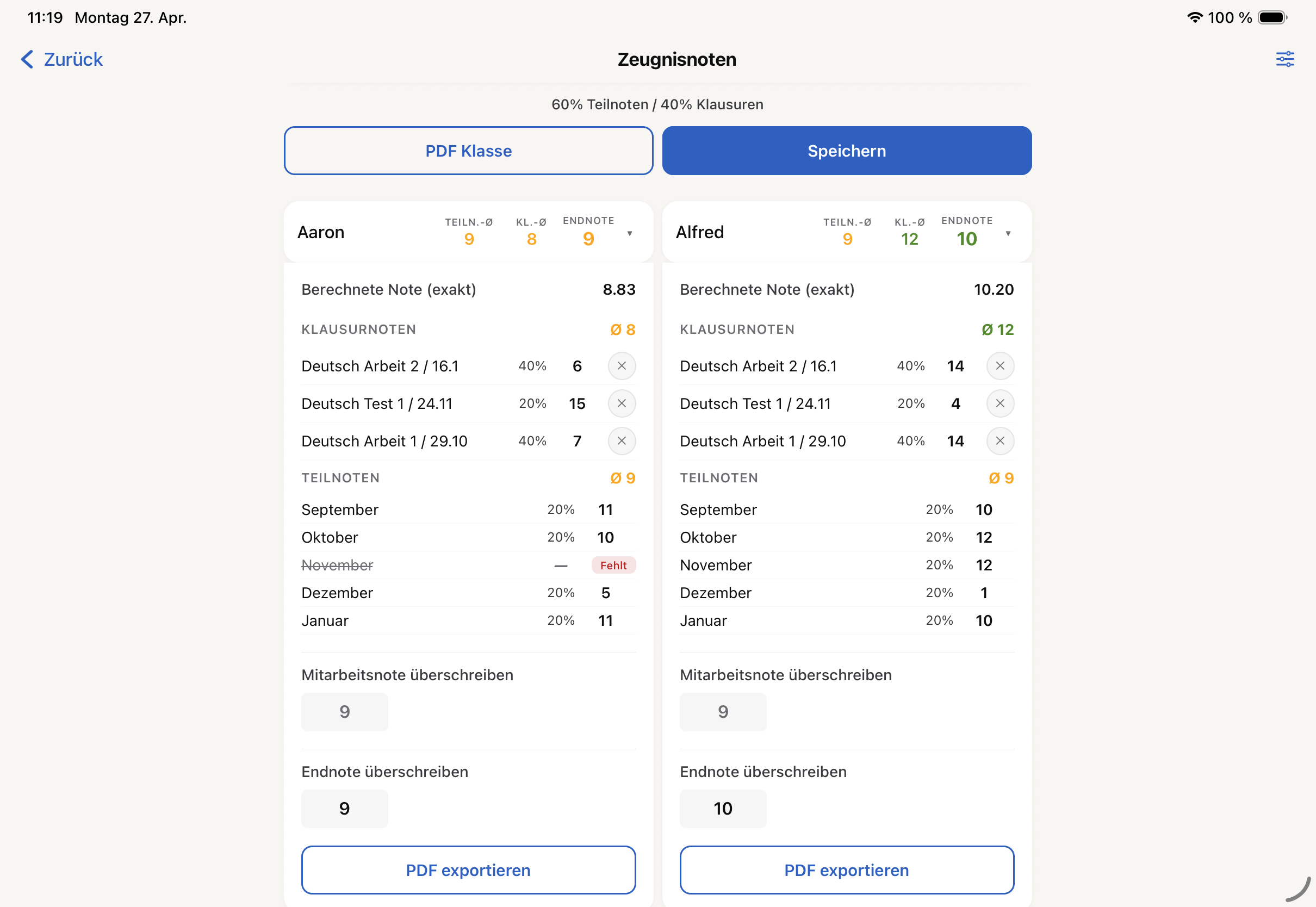 iPad mit Zeugnisnoten-Editor — zwei Schülerkarten nebeneinander mit Klausurnoten, Teilnoten und Endnote, PDF-Export-Button