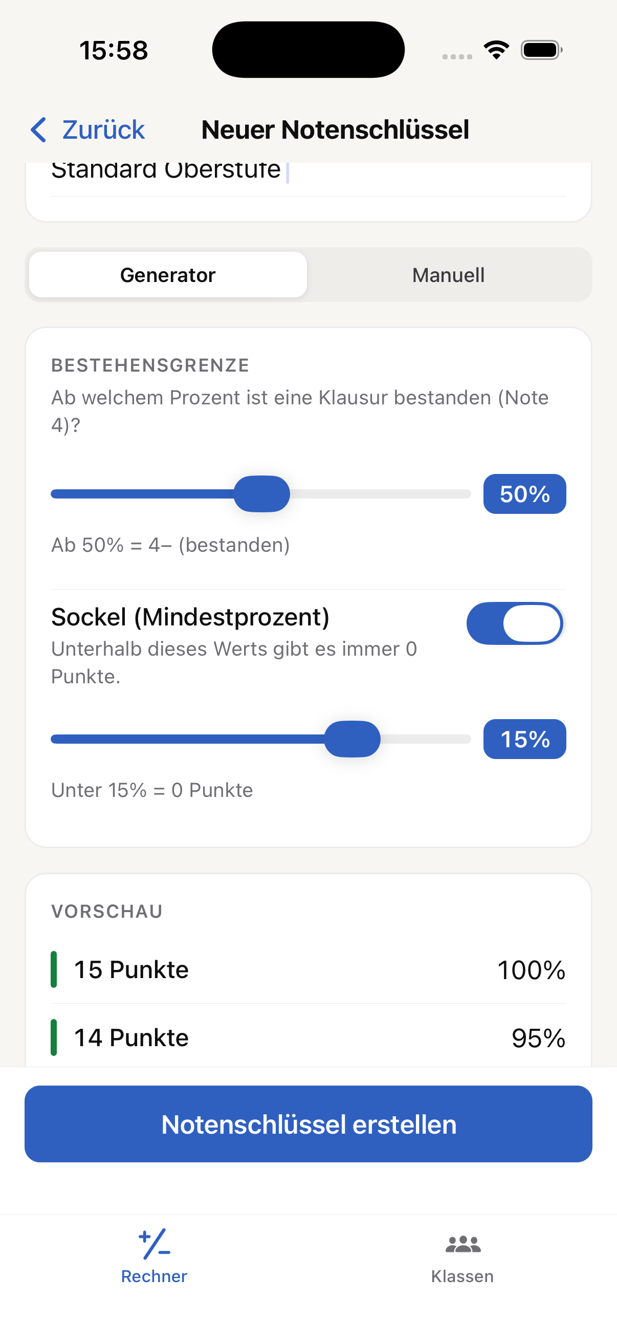 Notenschlüssel-Generator mit Knick-Schieberegler in der Der-Notenrechner-App