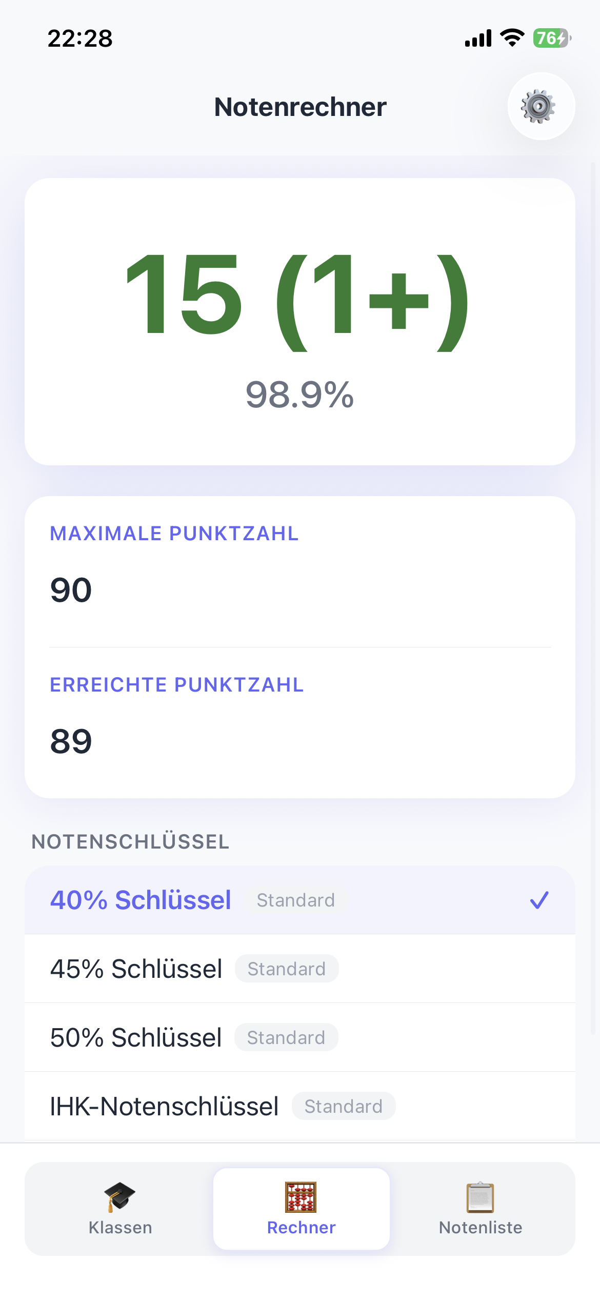 Notenrechner App — Rechner-Ansicht mit Note 15 (1+)