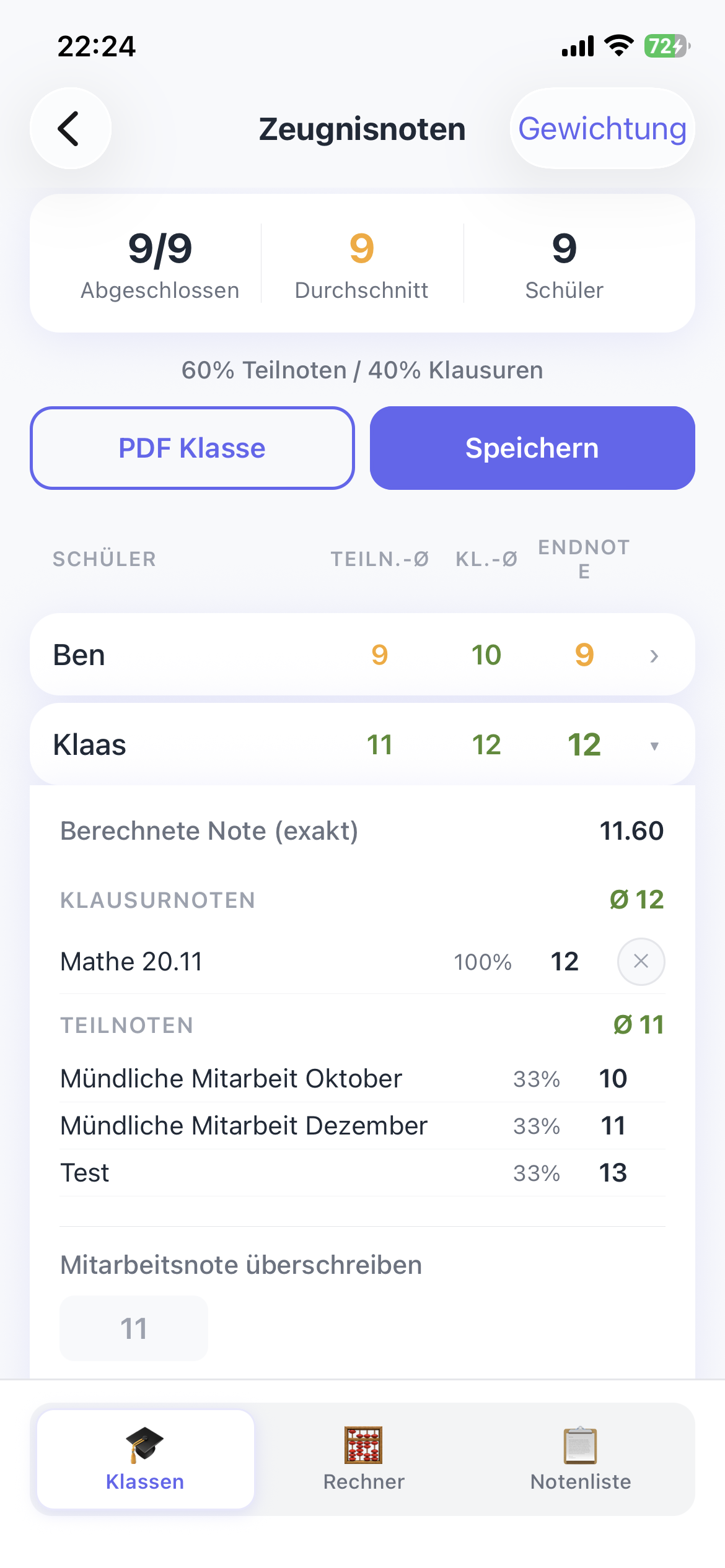 Zeugnisnoten-Berechnung mit Gewichtung